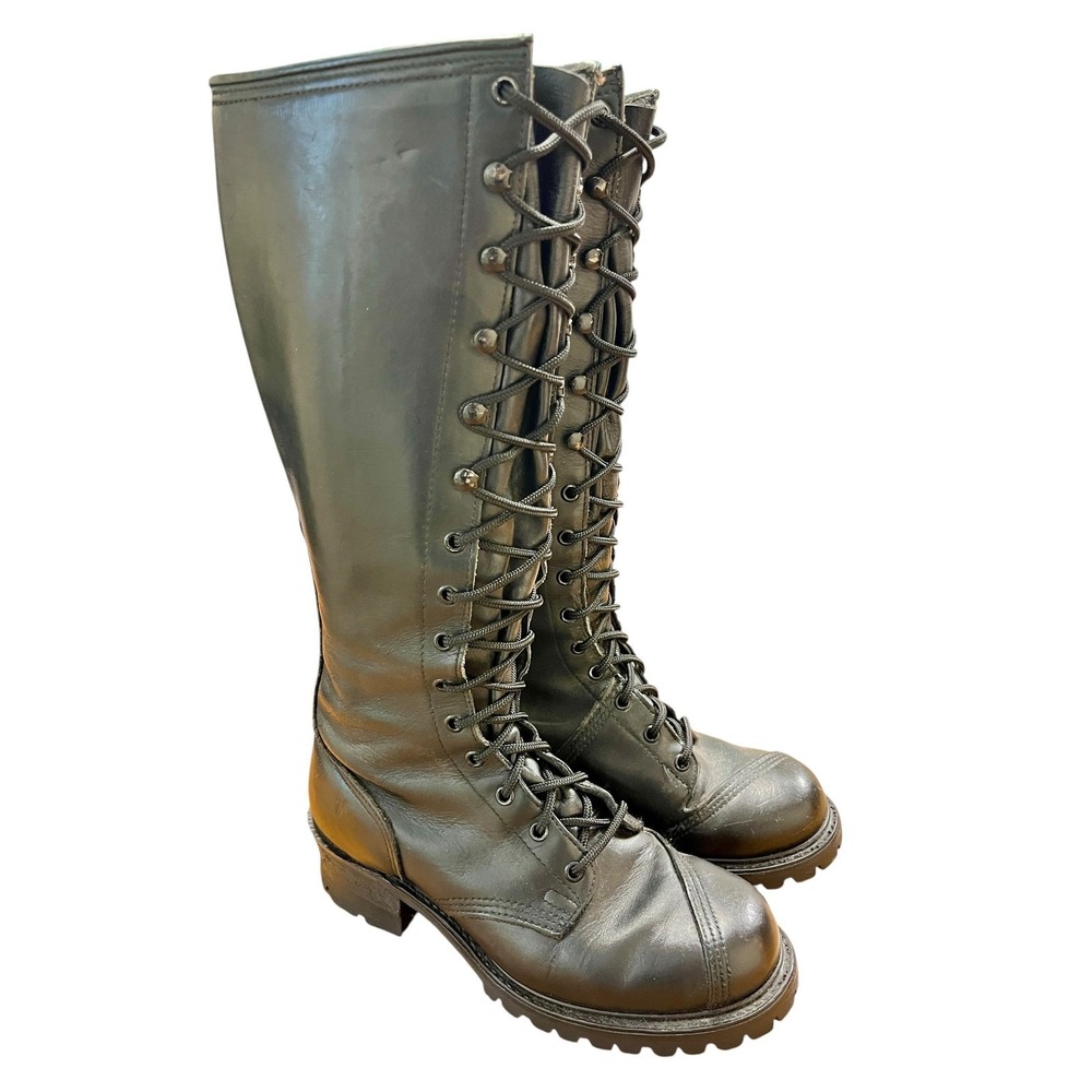Rare Vintage FRYE Campus Lug Lace Up Boots Sz 9 Black Leather Knee High 90s Goth - Picture 10 of 10